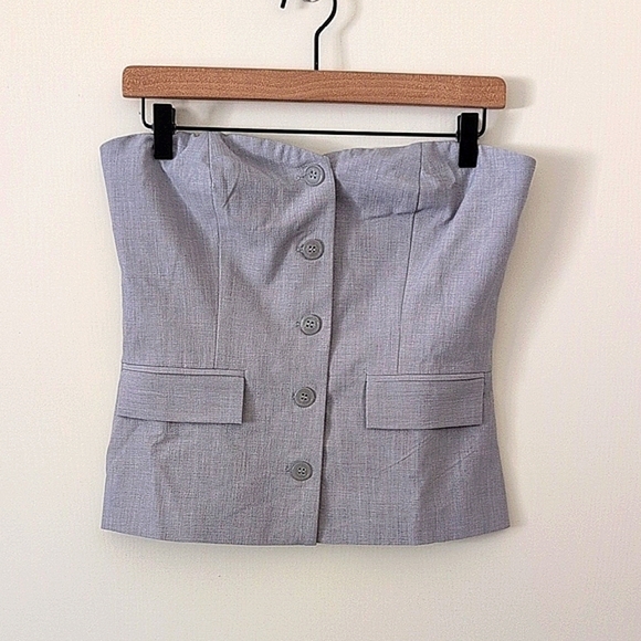 Forever 21 Womens Small Button Up Strapless Top Blouse Gray Preppy Office Casual - Picture 1 of 6